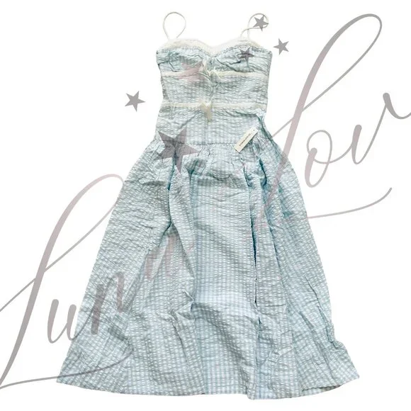 FOR LOVE & LEMONS Georgia Gingham Midi Dress In Blue NWT - Picture 4 of 12